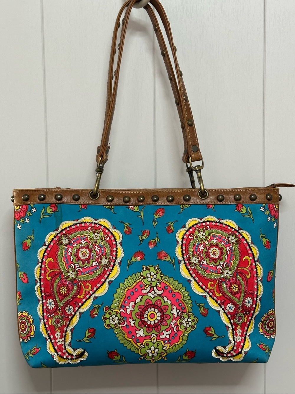 Vintage Isabella Fiore Turquoise Paisley Tote Bag - Brown Trim